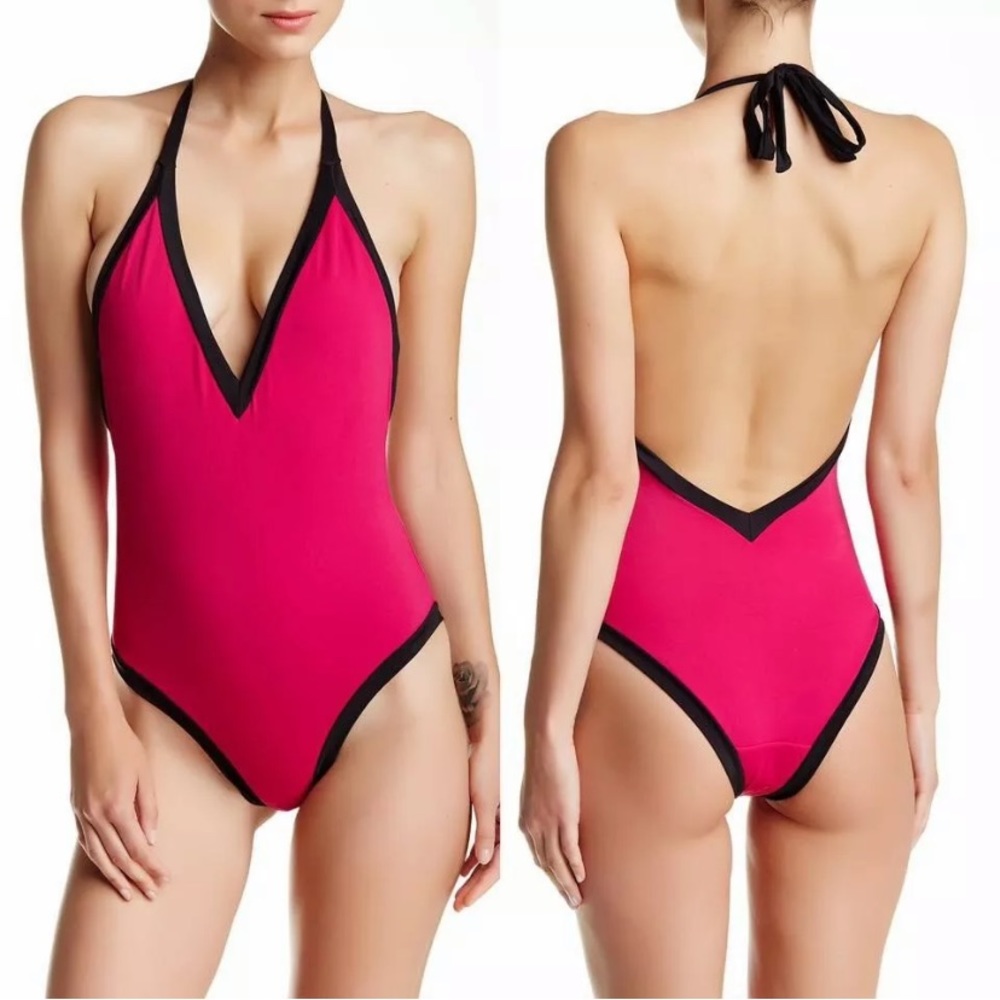 SOLE EAST Pink Capri Plunge One Piece Swimsuit L